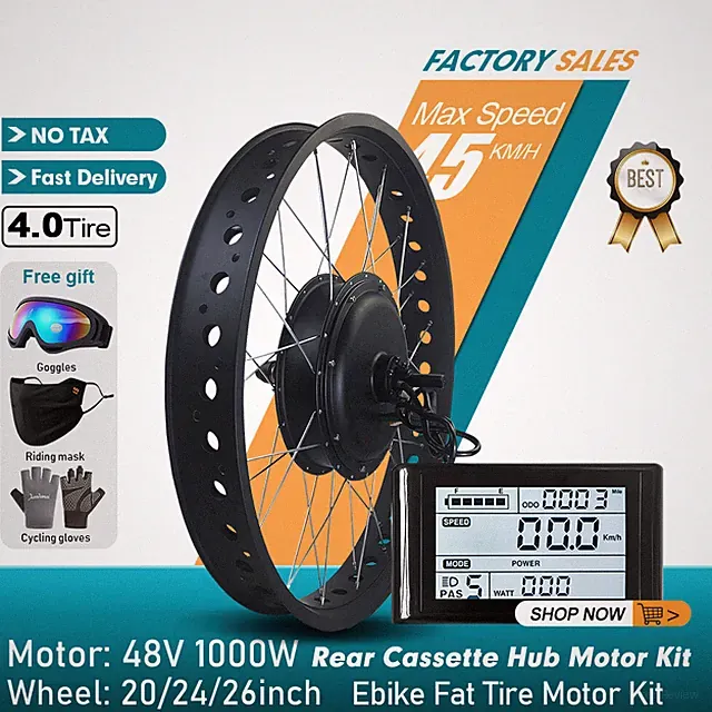48V 1000W 20 24 26inch Snow Fat E-bike Rear Cassette Hub Motor Conversion Kit