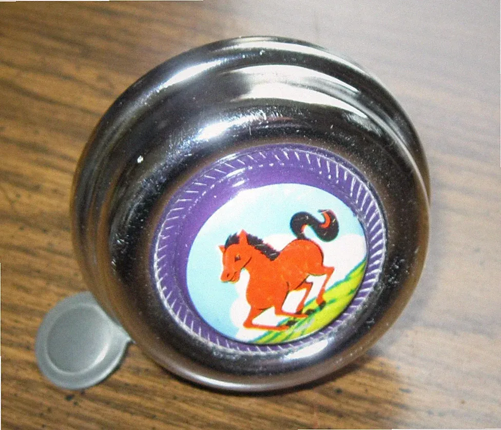 EXCELLENT VINTAGE BICYCLE THUMB BELL WITH PONY TAIWAN STAMP NICE DING RING