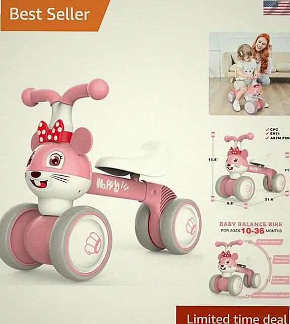 Pink Mouse Baby Balance Bike - Non-Pedal, Safe, Fun for Toddlers Ages 10-36