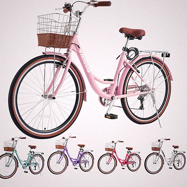 VIRIBUS 7-Speed Beach Cruiser Bike 26" City Bicycle w Basket Comfort for Women
