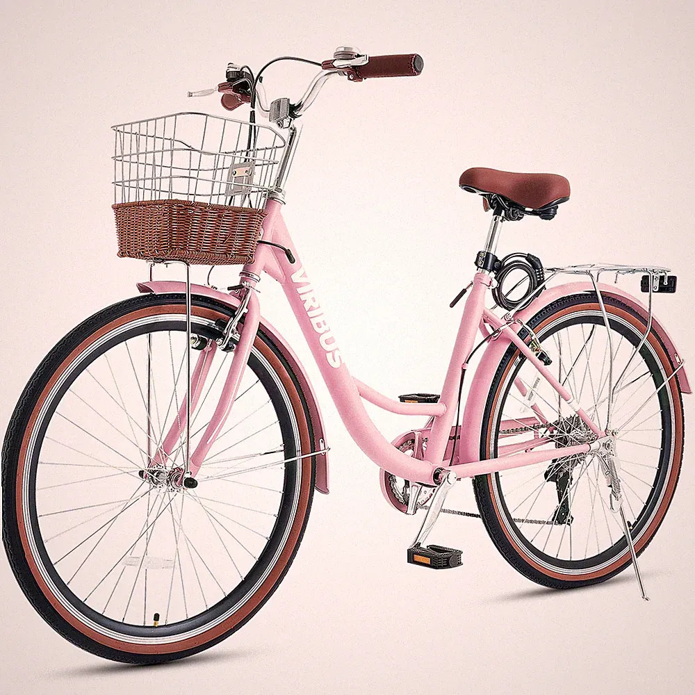 VIRIBUS 7-Speed Beach Cruiser Comfort Bike for Women City Bicycle w Basket